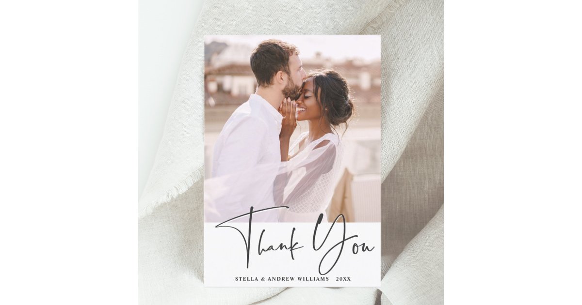 Stylish Calligraphy Wedding Thank You Photo Card | Zazzle