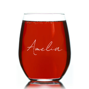 Stylish Calligraphy White Script Monogram Stemless Wine Glass
