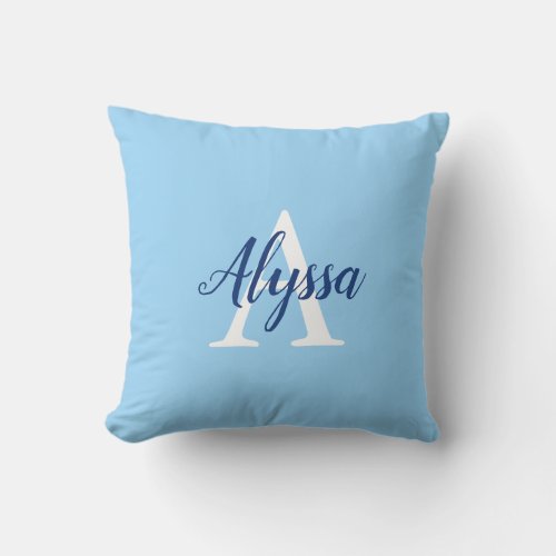 Stylish Calm Blue Monogram Script Throw Pillow