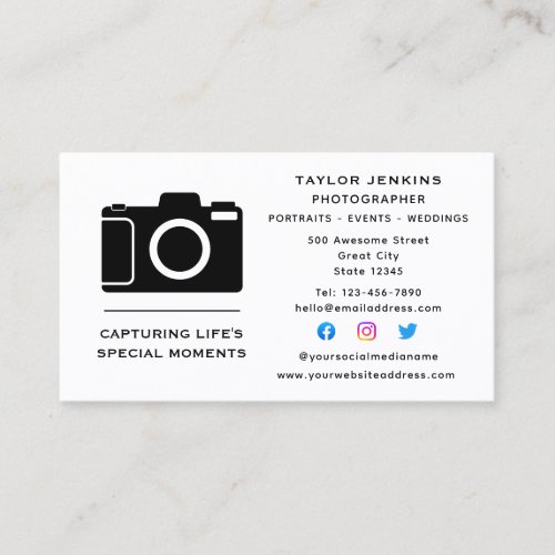 Stylish Camera Freelance Photographer Social Media Business Card