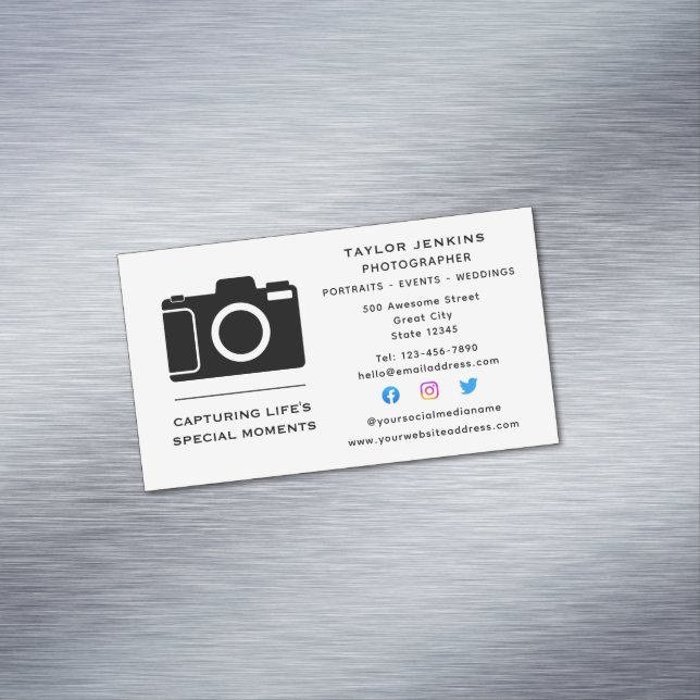 Stylish Camera Freelance Photographer Social Media Business Card Magnet (In Situ)