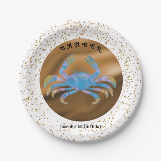 Stylish Cancer 1st Birthday & Gold Confetti  Paper Plates (Front)