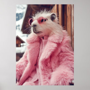Stylish Capybara in Pink Fur Coat and Sunglasses Poster
