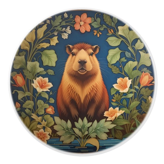 Stylish Capybara - Inspired by William Morris Ceramic Knob (Front)
