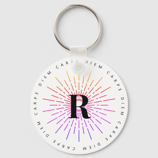 Stylish Carpe Diem Sun Symbol Monogram White Keychain (Front)