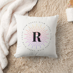 Stylish Carpe Diem Sun Symbol Monogram White Throw Pillow