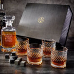 Stylish Carson Decanter w/ Set of 4 Truman Glasses<br><div class="desc">Any whiskey connoisseur needs the perfect gift set and this customized crystal decanter set fits perfectly! This set includes four glasses, a decanter, nine whiskey stones, a large gift box, tissue paper, and black raffia filling. The Truman glasses have a cool design reflecting the light and plenty of space for...</div>