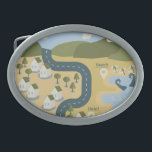 Stylish cartoon landscape vacation travel map belt buckle<br><div class="desc">Cartoon map in flat style drawn with landmarks,  mountains,  road,  sea,  river,  forest and houses</div>