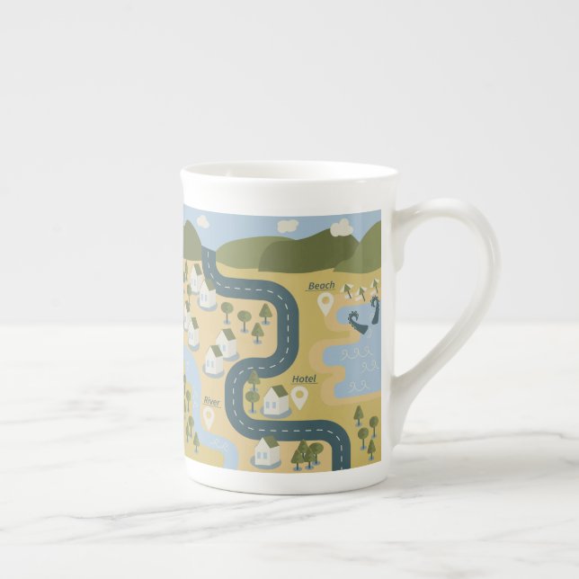 Stylish cartoon landscape vacation travel map bone china mug (Right)