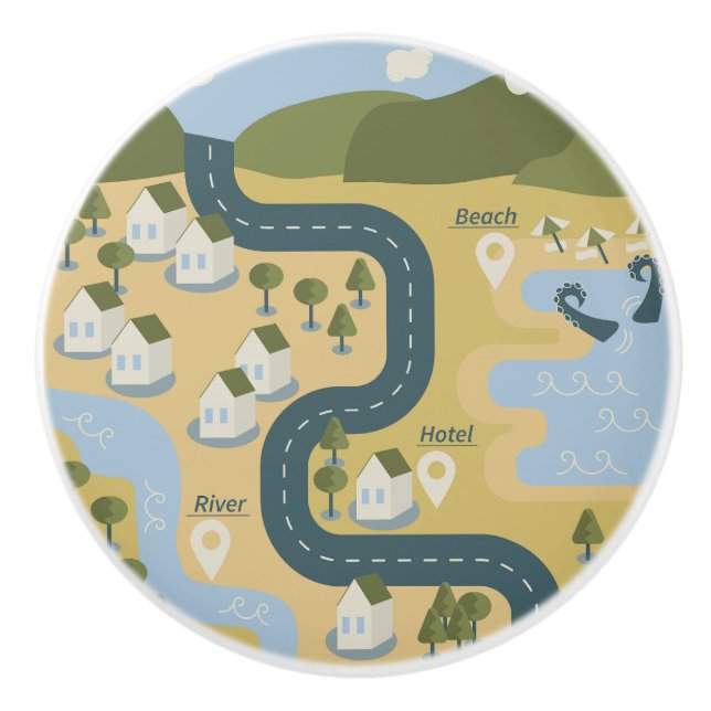 Stylish cartoon landscape vacation travel map ceramic knob (Front)