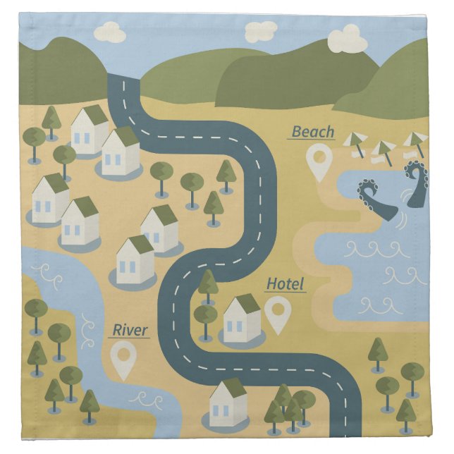 Stylish cartoon landscape vacation travel map cloth napkin (Front)