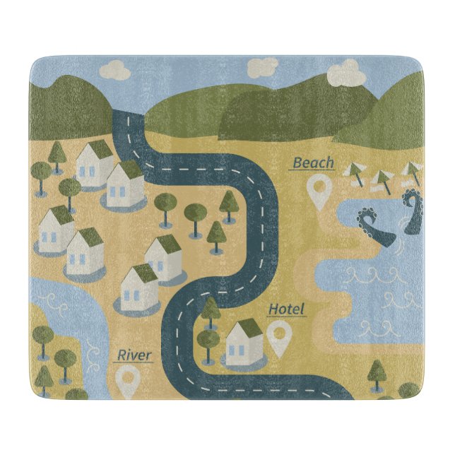 Stylish cartoon landscape vacation travel map cutting board (Front)