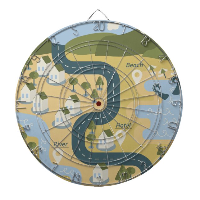 Stylish cartoon landscape vacation travel map dart board (Front)