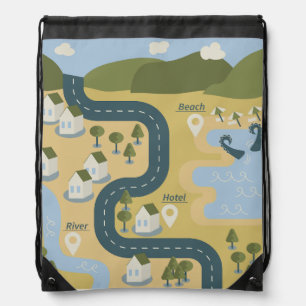 Stylish cartoon landscape vacation travel map drawstring bag