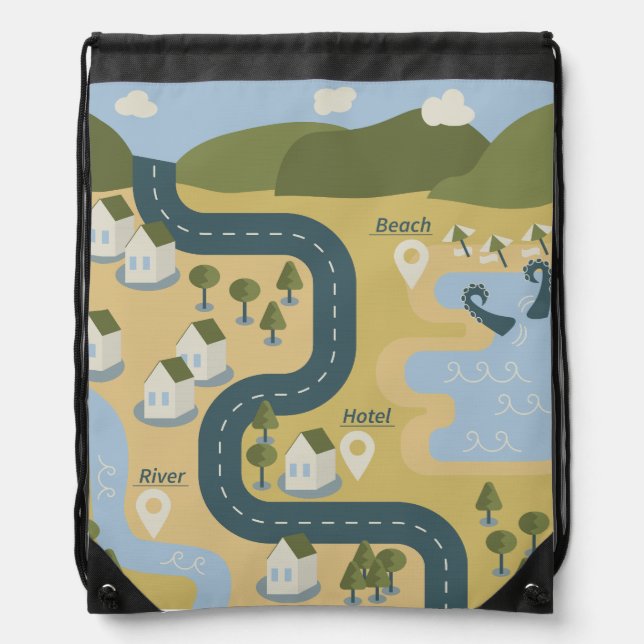 Stylish cartoon landscape vacation travel map drawstring bag (Front)