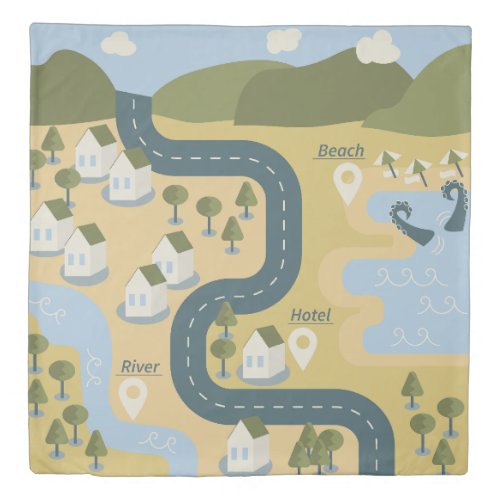 Stylish cartoon landscape vacation travel map duvet cover