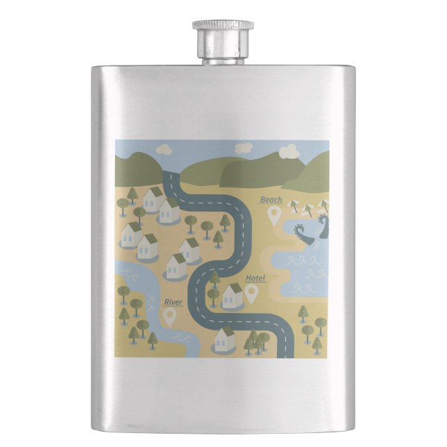 Stylish cartoon landscape vacation travel map flask (Front)