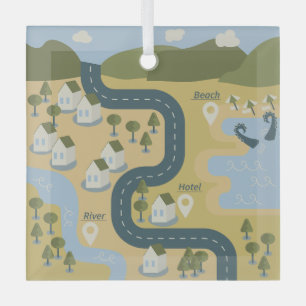 Stylish cartoon landscape vacation travel map glass ornament