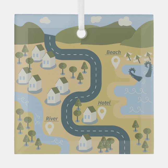 Stylish cartoon landscape vacation travel map glass ornament (Front)