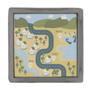 Stylish cartoon landscape vacation travel map gunmetal finish lapel pin
