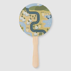 Stylish cartoon landscape vacation travel map hand fan