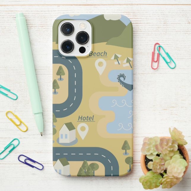 Stylish cartoon landscape vacation travel map iPhone case (On Desk)