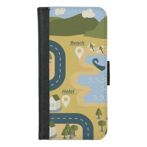 Stylish cartoon landscape vacation travel map iPhone 87 wallet case