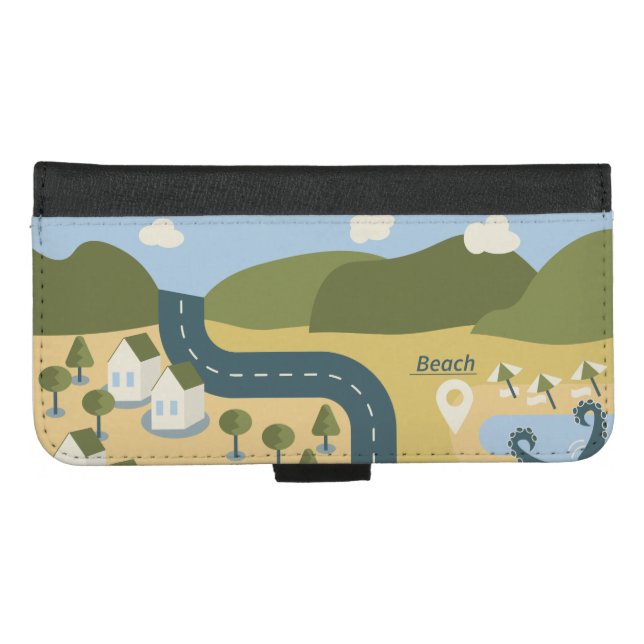 Stylish cartoon landscape vacation travel map iPhone wallet case (Front (Horizontal))