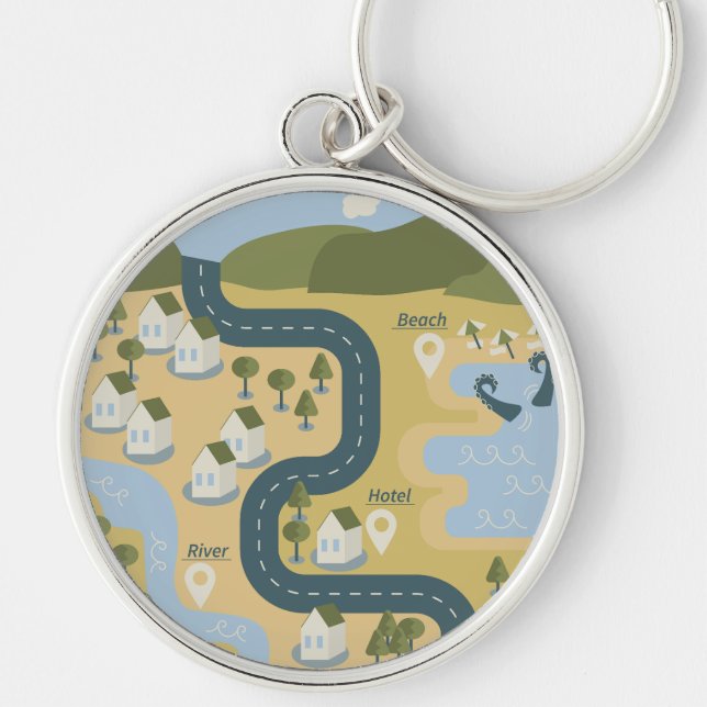 Stylish cartoon landscape vacation travel map keychain (Front)