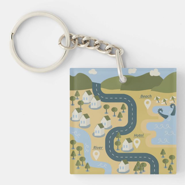Stylish cartoon landscape vacation travel map keychain (Front)
