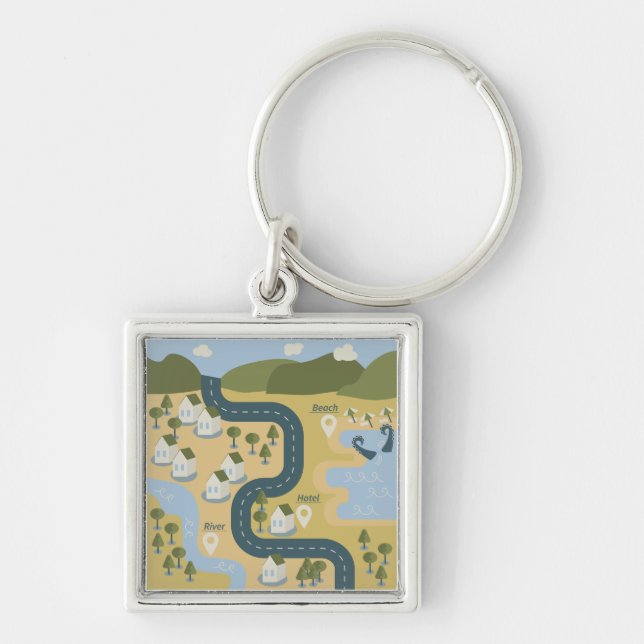 Stylish cartoon landscape vacation travel map keychain (Front)
