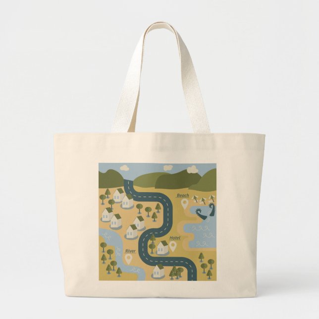 Stylish cartoon landscape vacation travel map large tote bag (Front)