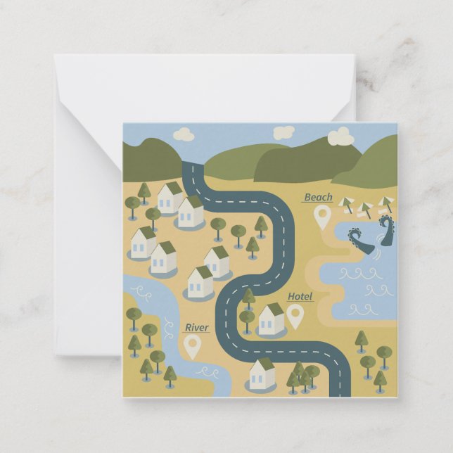 Stylish cartoon landscape vacation travel map note card (Front)