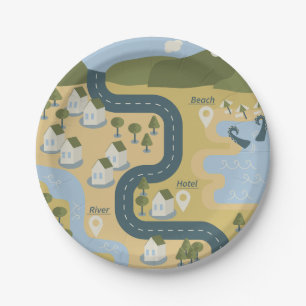 Stylish cartoon landscape vacation travel map paper plates