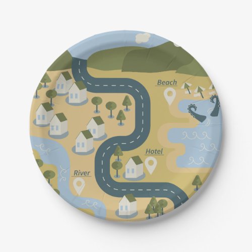 Stylish cartoon landscape vacation travel map paper plates