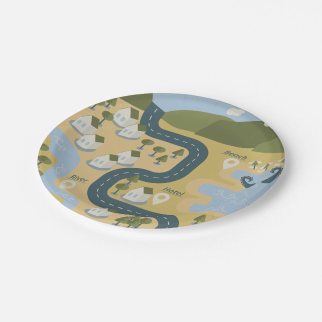 Stylish cartoon landscape vacation travel map paper plates (Angled)