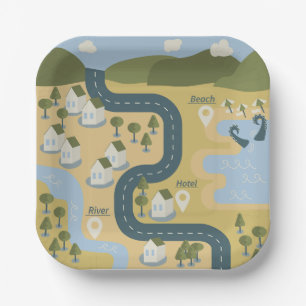 Stylish cartoon landscape vacation travel map paper plates