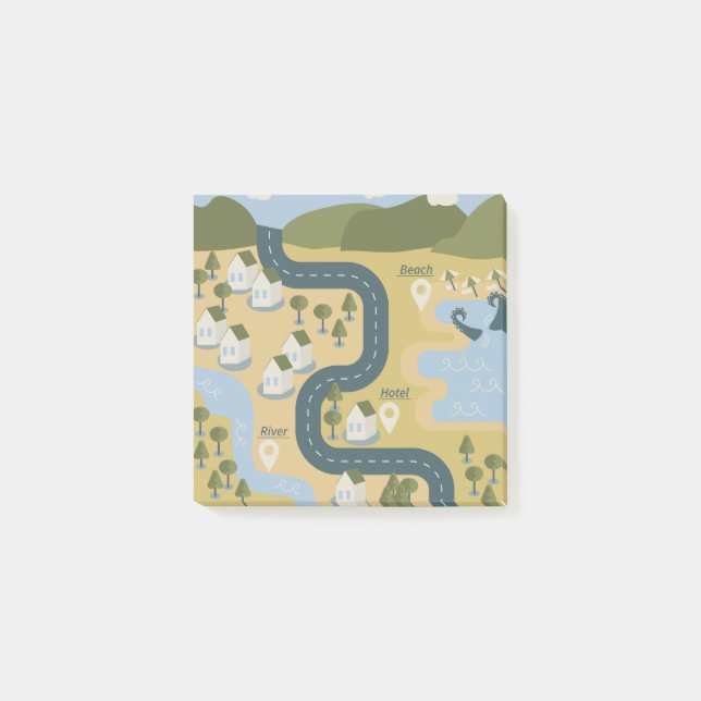 Stylish cartoon landscape vacation travel map post-it notes (Front)