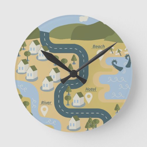 Stylish cartoon landscape vacation travel map round clock