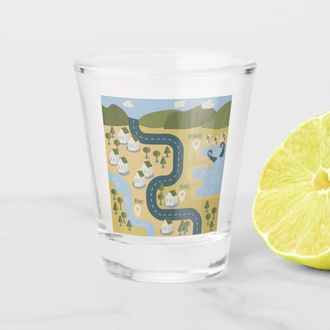 Stylish cartoon landscape vacation travel map shot glass (Front)