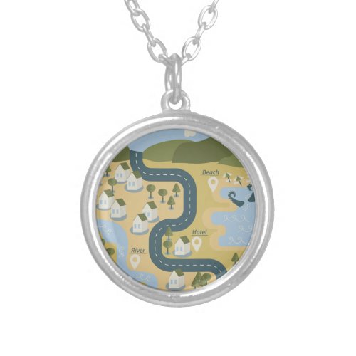 Stylish cartoon landscape vacation travel map silver plated necklace