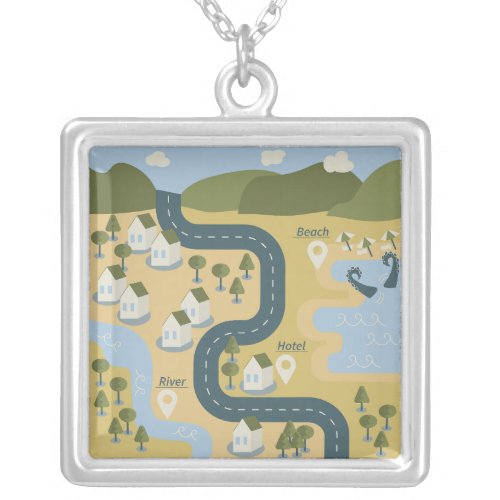 Stylish cartoon landscape vacation travel map silver plated necklace