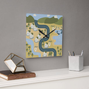 Stylish cartoon landscape vacation travel map square wall clock