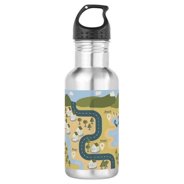 Stylish cartoon landscape vacation travel map stainless steel water bottle (Front)
