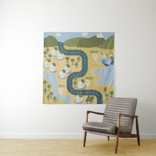 Stylish cartoon landscape vacation travel map tapestry