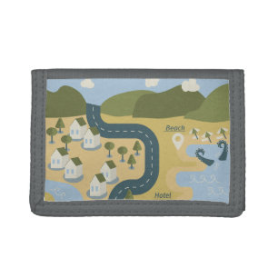 Stylish cartoon landscape vacation travel map tri-fold wallet