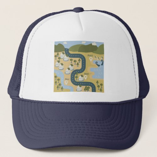 Stylish cartoon landscape vacation travel map trucker hat