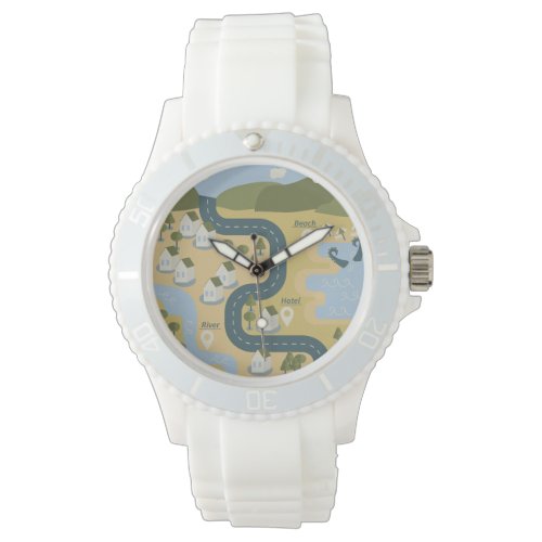 Stylish cartoon landscape vacation travel map watch