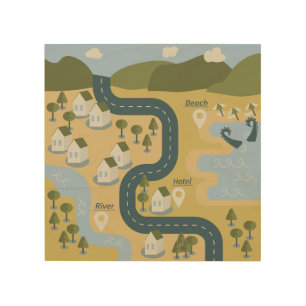Stylish cartoon landscape vacation travel map wood wall art