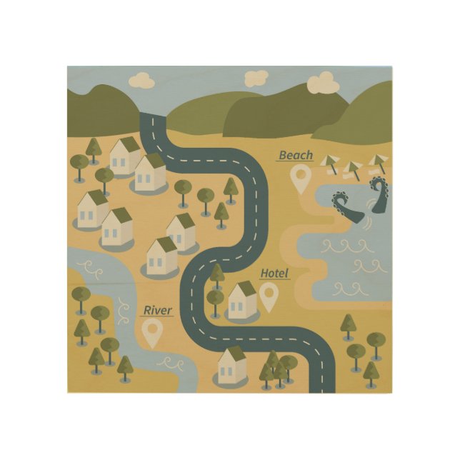 Stylish cartoon landscape vacation travel map wood wall art (Front)